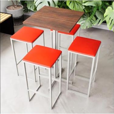 Imagem de Conjunto Mesa Alta Bar Bistrô Quadrada Imbuia 4 Bancos Estofado Industrial White (Vermelho)