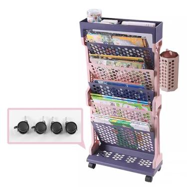 Imagem de FTOQWZXV Organizador de carrinho de rodinhas estante móvel com rodas estante móvel para sala de aula, cesta de armazenamento lateral de mesa removível, 5 camadas, suporte de revista, cinza (rosa)