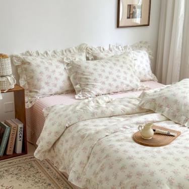Imagem de mixinni Conjunto de edredom de 3 peças com babado floral rosa - capa de edredom botânica Cottagecore com acabamento em renda e 2 fronhas, roupa de cama boho de algodão macio para meninas adolescentes