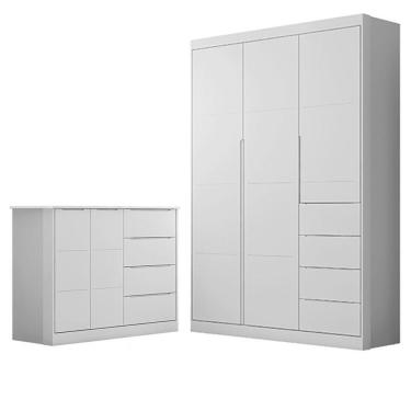 Imagem de Cômoda e Guarda Roupa Infantil Eloá 3 Portas 4 Gavetas 100% MDF 140 cm Branco Acetinado Phoenix Baby