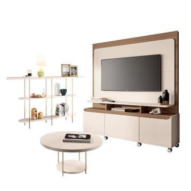 Imagem de Estante Home Theater Quantum Off White Castanho E Aparador Infinity E Mesa De Centro Sky Off White – Hb Móveis