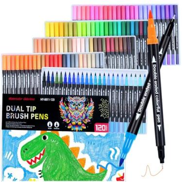 Imagem de Canetas pincel aquarela de 120 cores, pincel de ponta dupla e marcadores de ponta fina para colorir crianças adultas, marcadores de arte de tinta à base de água, canetas de caligrafia e ponta de