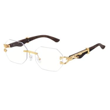 Imagem de Óculos de sol sem armação, adequados para homens e mulheres, com hastes com imitação de madeira, bordas de corte simples, ponte dupla e proteção UV400. (C4)