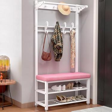 Imagem de Cabideiro Hall Árvore Com Banco De Sapatos Para Entrada, Cabide De Metal Com Ganchos Prateleira De Chapéu Para Roupas Estrutura De Metal Para Quarto Sala De Estar Corredor, White, 40in