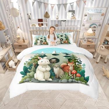 Imagem de Jogo de cama infantil com desenho animado de animais selvagens, raposa, coelho, raposa, todas as estações, tamanho casal, conjunto de edredom com folhas verdes da montanha, decoração de quarto