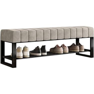 Imagem de Banco De Entrada Estofado Com Armazenamento, Banco Boucle Para Quarto Fim De Cama, 2 Prateleiras De Metal Preto Para Closet Corredor Porta