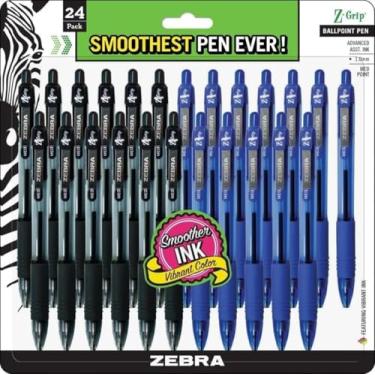 Imagem de Canetas ZEBRA, pacote com 24 canetas de tinta, canetas esferográficas retrátil Z-Grip de ponta média de 1,0 mm, 12 canetas pretas e pacote com 12 canetas azuis