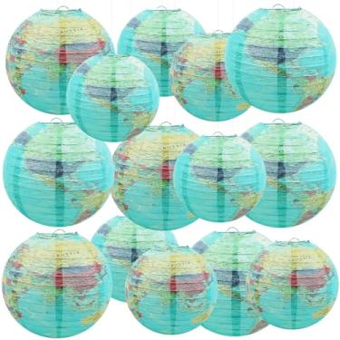 Imagem de Songjum 14 lanternas de papel com mapa-múndi de 25,4 cm e 20,4 cm para sala de aula, globo terrestre, para viagem, decoração de festa, sala de aula, decoração de teto, aniversário, tema de terra