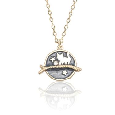 Imagem de Colar feminino com pingente de gato de disco redondo de zircônia cúbica, banhado a ouro, fofo, gatinho, corrente de elos de moeda, ajustável, engraçado, esmaltado, estrela, lua, joia animal para festa
