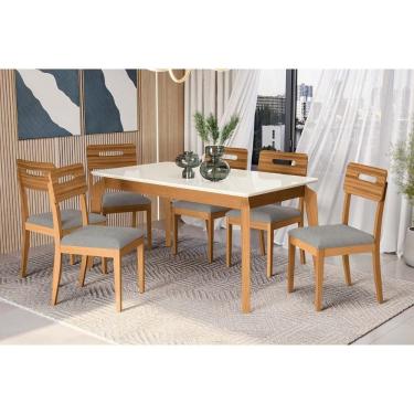 Imagem de Conjunto Sala de Jantar Petra Premium Madeira Maciça c/ Tampo Madeirado c/ Vidro 160x90cm e 6 Cadeiras Lila Carvalho/Off White - Boucle Cinza-Kappesbe