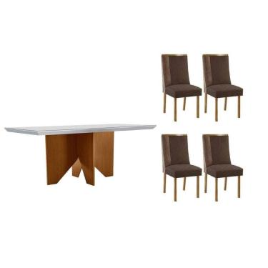 Imagem de Conjunto Sala de Jantar Nevada c/ Tampo Madeirado c/ Vidro Canto Curvo 120x80cm e 4 Cadeiras Tilia Madeira Maciça Naturale/Off White - Capuccino/Suede