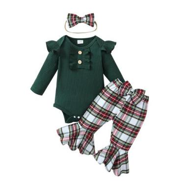 Imagem de Conjunto de macacão de Natal Kuriozud Baby Girl verde xadrez 3-6M