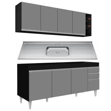 Imagem de Armário Aéreo Nevada E Balcão Gabinete 180cm Com Pia Dallas Preto-cinza - Lumil