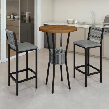 Imagem de Conjunto Mesa Bistrô Bar Tampo Madeira Maciça Ripado 70cm com 2 Banquetas Barcelona Prata/Freijó/Preto