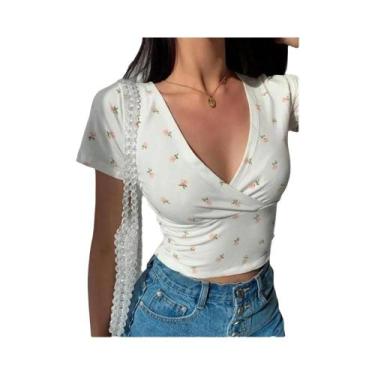 Imagem de Camiseta Feminina Slim Fit Floral - Decote V, Manga Curta e Cintura Al