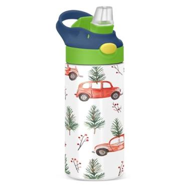 Imagem de YETTASBIN Garrafa de água de carro de árvore de Natal para crianças, 355 ml, à prova de vazamento, parede dupla, isolada, copo de viagem com tampa de canudo para meninas, meninos e crianças