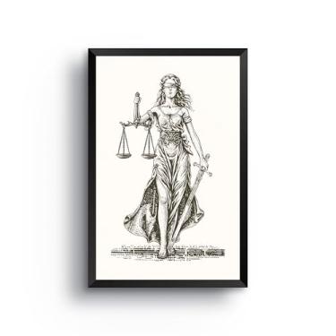 Imagem de quadro decorativo lady justice arte eucatex preto branco 60x40 cm estilo classico tematica juridica decoracao parede advocacia escritorio ilustracao elegante