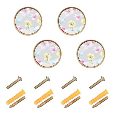 Imagem de Burbuja Maçanetas de armário de cozinha tulipas aquarela pacote com 4, gavetas redondas de 3,5 cm, puxadores de cômoda com parafusos para armários de cozinha, quarto, armário