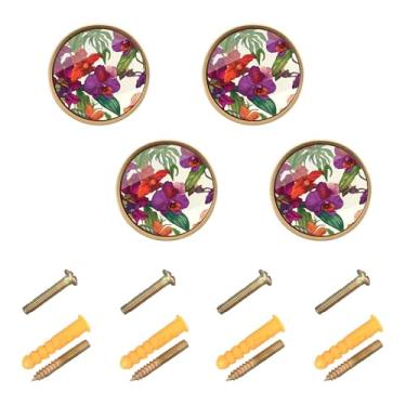 Imagem de Burbuja Maçanetas de armário de cozinha com flores exóticas Orquídeas, pacote com 4, puxadores redondos de 3,5 cm, puxadores de cômoda com parafusos para cozinha, quarto, armários, armário