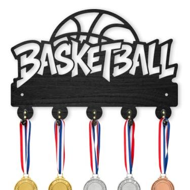 Imagem de MAYJOYDIY Suporte de chave de madeira com texto de basquete, suporte de bola para parede, 29 × 19 cm, suporte de parede decorativo esportivo com 5 ganchos de liga para entrada, cozinha, escritório