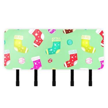 Imagem de Burbuja Porta-chaves de meias coloridas de Natal com 5 ganchos, porta-chaves autoadesivo montado na parede, organizador de armazenamento de correio para entrada, decoração de casa