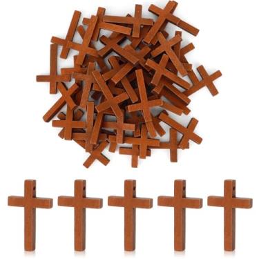Imagem de XiuGlimpse 50 peças de cruz de madeira para homens, mini cruz de madeira cristã de 3 x 4,4 cm com orifício pequeno, joias cristãs religiosas, presente de Páscoa com confirmação de batismo