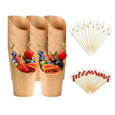 Imagem de KalluliCC Copos de charcutaria com espetos, copos de aperitivo de lanche de papel Kraft marrom de 355 ml, cones descartáveis para batatas fritas, 50 xícaras com 200 palhetas de coquetel