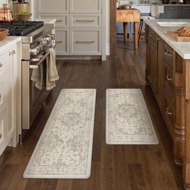 Imagem de WondRg Tapetes de cozinha, 2 peças, tapete antifadiga, acolchoado marrom, vintage, para chão, impermeável, antiderrapante, confortável, tapete de pé para pia, lavanderia, escritório, 43 x 123 cm + 43