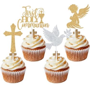 Imagem de 16PCS Glitter First Goly Communion Cupcake Toppers, God Bless Cross Dove Decor, Baptism Baby Shower Christening Party Decorations Supplies(Gold)