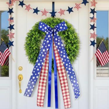 Imagem de Zeyune Guirlanda para porta da frente do Dia da Independência de 50 cm com laço vermelho, branco e azul, decoração de porta com bandeira americana patriótica para 4 de julho, Memorial do Dia dos