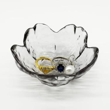 Imagem de Bandeja de joias com anel de flores, bandeja de vidro para joias, decoração de quarto estética, prato pequeno de bugiganga, mesa de cabeceira, suporte de anel de joias, tigela de prato de joias de