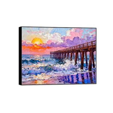 Imagem de BMZFYBS Impressão em tela de paisagem com moldura preta - Ponte das ondas do mar pôr do sol - Pintura de decoração - Imagens para quarto 30 x 40 cm 12 x 16 pol