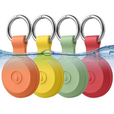 Imagem de Pacote com 4 capas compatíveis com suporte AirTag com chaveiro, capa de silicone para rastreador GPS Air Tag, acessórios para animais de estimação, crianças, bolsas, bagagens (vermelho + laranja +