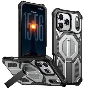 Imagem de Genérico Cool Mini Kickstand capa magnética para iPhone 17/17 Air/17 Pro/17 Pro Max, capa fina de grau militar, absorção contra impactos e proteção da câmara anti-riscos (prateado, 17 Pro)