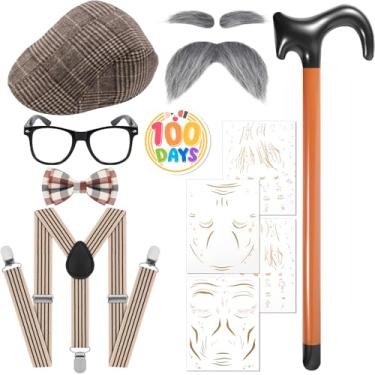 Imagem de Fabllewavi 8 peças fantasia de velho avô – chapéu, suspensórios, gravata borboleta, sobrancelhas, bigodes, óculos, crachá, tatuagem para cosplay, Xadrez St, Standard