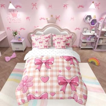 Imagem de jejeloiu Jogo de edredom completo com laço quadriculado com laço rosa, 7 peças, para decoração de quarto de crianças, meninos e meninas, microfibra leve e macia