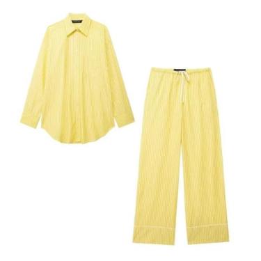 Imagem de Terno Listrado Amarelo Soltinho para Mulheres - Calça com Cordão e Cam