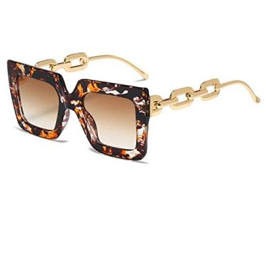 Imagem de Óculos de sol femininos masculinos vintage quadrados, simplicidade clássica, design de pernas de corrente de metal, óculos de sol grandes, óculos de sol com listra verde, sombras, chá de flores amarelas, tamanho único