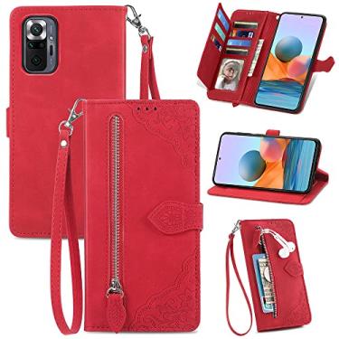 Imagem de Capas de telefone com slots de cartão de luxo compatíveis com Xiaomi Redmi Note 10S 10 Pro capa de couro cordão de negócios suporte com zíper carteira clipe de telefone (vermelho, Redmi Note 10 Pro)