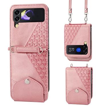Imagem de Estojo de couro com slot para cartões de cordão para Samsung Galaxy Z Flip 4 3 Flip3 5G Capa anti-riscos à prova de choque para telefone, rosa, para Samsung Z flip4