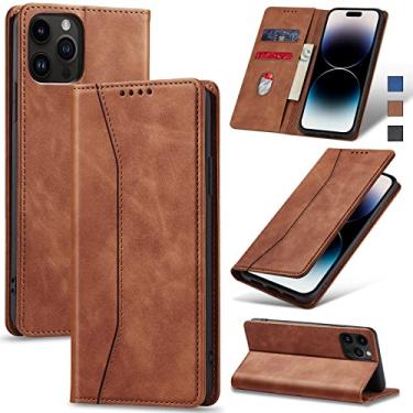 Imagem de Jasonyu Flip Carteira Capa para iPhone 14 Pro 5G,Capinha Folio Magnética de Couro com Suporte para Cartão,Suporte para Chute - Protetora Durável de TPU à Prova de Choque para Telefone,Marrom