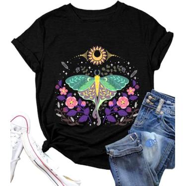 Imagem de Camiseta feminina com estampa floral de mariposa e lua boêmia, retrô, botânica, amante da natureza, verão, férias, Preto 2, M
