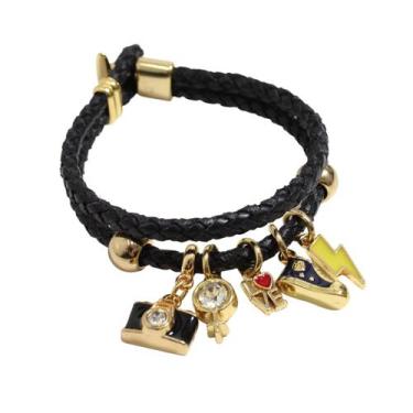 Imagem de Pulseira de Couro Feminina Preta Berloques Descolada - GRANADO ACESSÓR