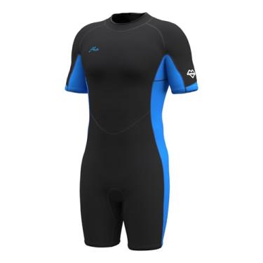 Imagem de Hevto Roupa de mergulho masculina Shorty 3/2 mm neoprene surf natação SUP mergulho short molhado em água fria zíper traseiro (M1S-azul, 2GG)