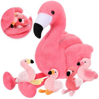 Imagem de Bicho de pelúcia Skylety Flamingo com 4 bebês de 46 cm com zíper