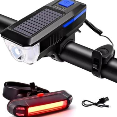 Imagem de kit Lanterna Solar P/Bike Bicicleta com Buzina Potente Recarregável 3 modos de Luz + Sinalizador Traseiro Recarregável USB para Bicicleta -Vende Mais
