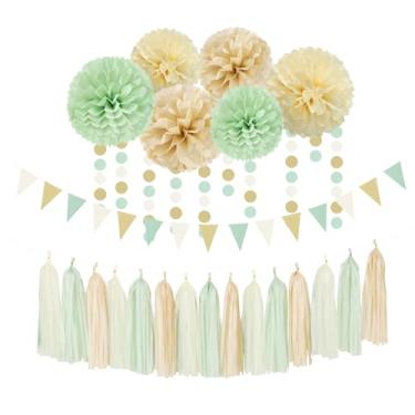 Imagem de OURUOLA Decorações Para Festa Verde-Sálvia, Dourado E Champanhe - 23 Peças De Papel Seda Neutro Chá Bebê Aniversário, Serpentinas, Guirlanda Borlas Despedida Solteira Noivado, Suprimentos Decoração