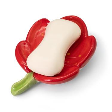 Imagem de LINXUXIE Suporte Para Saboneteira De Cerâmica Banheiro, Chuveiro Com Barra Flores, Bandeja Decorativa Fácil Limpeza Pias, Cozinha (Vermelho)