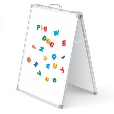 Imagem de Lincia Quadro apagável a seco com suporte, quadro branco dobrável, cavalete de quadro branco de dupla face, moldura de alumínio prata com alça de metal para demonstração de ensino de escritório, casa