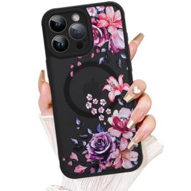 Imagem de AIGOMARA Capa para iPhone 15 Pro, compatível com MagSafe, linda flor de lírio rosa com capa de telefone fosca semitransparente para mulheres Gilrs TPU macio e PC capa protetora traseira fina roxa